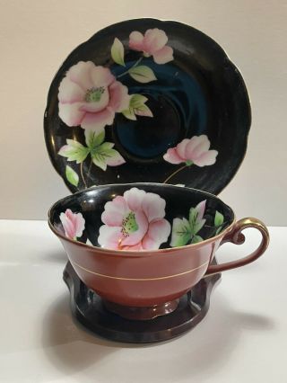 Vintage Merit Made In Occupied Japan Floral Design Teacup & Saucer Black Floral