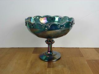 Vintage Indiana Blue Iridescent Carnival Glass Compote Large Fruit Pedestal Bowl