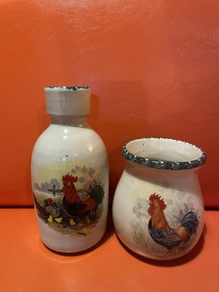 Vintage Home And Garden Party Stoneware Rooster Creamer Vase Set 2001
