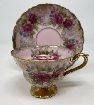 Pink Cabbage Rose Teacup & Saucer Heavy Gold