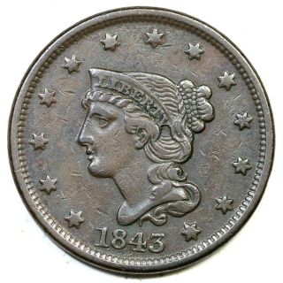 1843 N - 2 Petite Head,  Sm Letters Braided Hair Large Cent Coin 1c