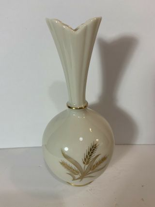 Lenox Ivory Bud Vase 24 Kt Gold Harvest Wheat Fluted Top 8” Tall