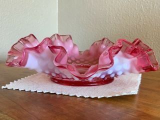 Vtg Pink Cranberry Milk Glass Hobnail Ruffled Bowl Candle Holder 6.  5” Fenton ?