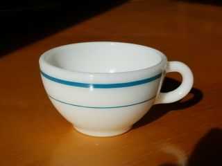 Vintage Pyrex Corning Coffee Cup Mug Teal Blue Stripe White Milk Glass 701 - 26