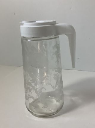 Vintage Tang Glass Pitcher Etched White Lillies 1 Qt Juice Carafe Anchor Hocking