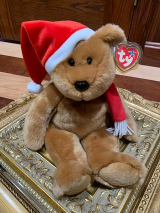 Ty Beanie Buddy 1997 Holiday Teddy Bear Brown Stocking Cap 15 " Stuff Animal