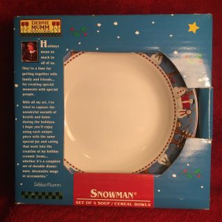 Nib (4) Sakura Debbie Mumm’s The Word Snowman Soup Cereal Bowl Christmas 7.  5”
