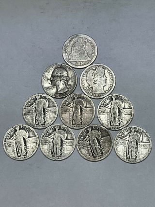 10 90 Silver Quarters 7 - Standing Liberty 1 - Seated Liberty 1 - Washington 1barber