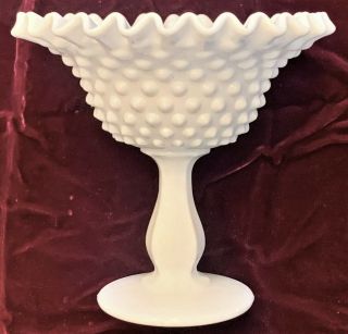 Vintage Fenton Milk Glass Hobnail Pedestal Candy Dish W/ Crimped Edge – 6 " Tall