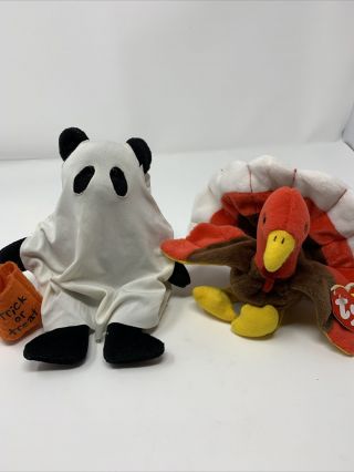 2 Vintage Ty Beanie Babies Gobbles The Turkey And Shudders Ghost Bear Holidays