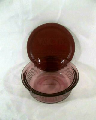 Corning Cranberry Vision 1 Pint Ribbed Glass Bowl C - 16 - B With Cover V - 16 - Pc