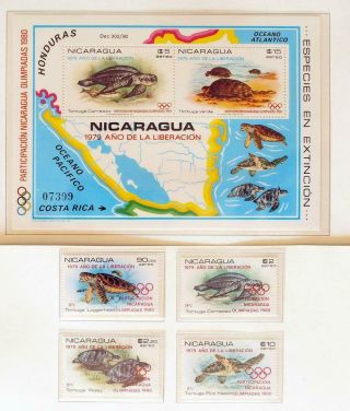Nicaragua 1980 Olympics,  Xf Mnh/ Cpl.  Ovp Set,  Sheet,  Sports Animals Turtles