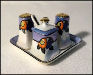 Noritake Art Deco Small Luster Condiment Set With Deco Flowers A091