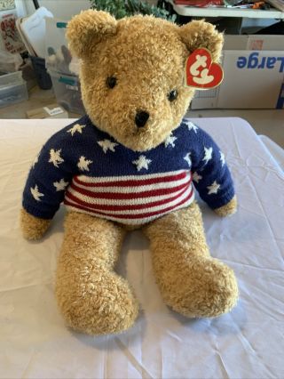 Ty Large Curly " Stars And Stripes Forever " Gold Bear W/sweater 1991 24 Inches