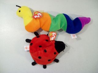 2 Vintage Ty Beanie Babies Bean Plush Inch Worm Lucky Ladybug 1993 - 95 Swing Tag