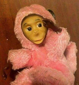 Vintage 1950s Pink Plush Monkey Doll W/rubber Face Ears Hands Toy Made In Japan