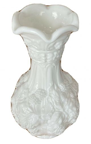 Vintage Imperial Loganberry White Milk Glass Grapes & Vine Pattern - 10 " Vase