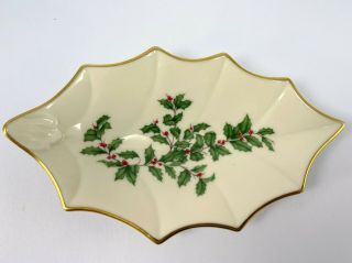 Vintage Lenox " Holiday " Pattern Holly Leaf - Shaped Candy Dish 24k Gold Trim