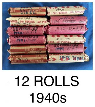12 Wheat Penny Rolls 1940 1941 1942 1943 Steel 1944 1945s D&p 1949 600 Pennies