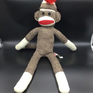 Schylling Brown Cream Sock Monkey 22 " Red Mouth Bottom Plush Stuffed Animal Knit
