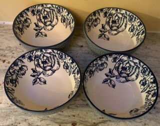 4 Soup Cereal Bowl Gabriela Blue By Pfaltzgraff Floral Border,  Embossed,  Coupe,