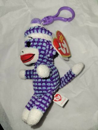 W/tags Ty Beanie Baby Socks The Sock Monkey Key Clip Purple Quilted