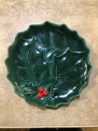 Vintage Lefton Dinner Plate 9 " Green Holly Leaves With Red Berries 2048