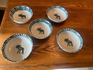 Tienshan Folk Craft Moose Country Set Of 5 Cereal Soup Bowl Forest Green Sponge