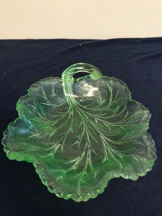 Indiana Glass Pebble Leaf Green Handled Nappy/candy Dish