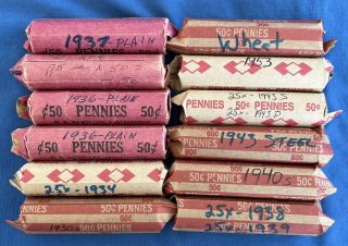 12 Wheat Penny Rolls 1934 1935 1936 1937 1938 1939 1943 1953 Steel 600 Pennies
