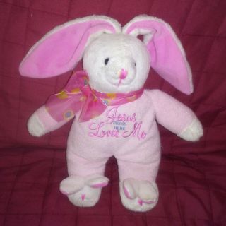 Dan Dee Jesus Loves Me Bunny Rabbit Pink White Soft 10in Plush Bow Plays Song