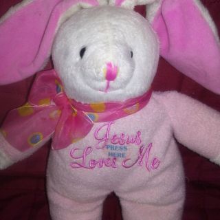 Dan Dee JESUS LOVES ME Bunny Rabbit Pink White Soft 10in Plush Bow Plays Song 2