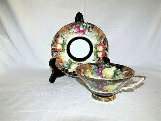 Vtg Hand Painted Lefton China Fruit Pattern Footed Cup And Saucer W Gold Trim