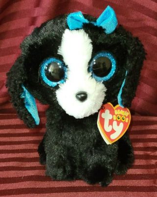 Ty Beanie Boo Tracey Black And White Dog,  With Tags,  Authentic,  Glitter Eyes
