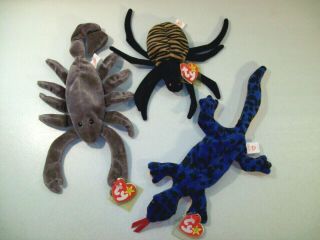 3 Vintage Ty Beanie Babies Bean Plush Spinner Lizzy Stinger 1995 - 98 Swing Tag