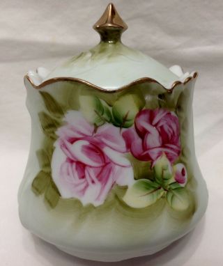 Vtge Lefton Heritage Green W/ Gold Jam/jelly Jar W/lid Hand Painted Pink Roses