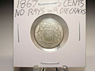 1867 - No Rays With Obverse Die Cracks Shield Nickel 5 Five Cents Us Coin