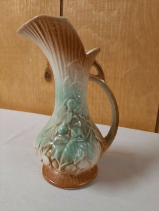 Vintage Mccoy Pottery Vase Or Pitcher 9 " Raised Grape & Leaf,  Green & Brown Euc