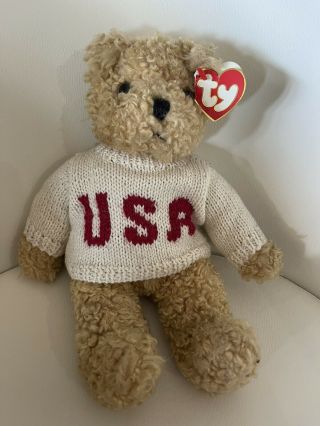 Vintage 1992 Ty Beanie Babies Baby Curly Brown Bear Usa Olympic Sweater