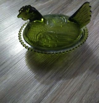 Vintage Olive Green Glass Hen On A Nest Rare Candy Dish