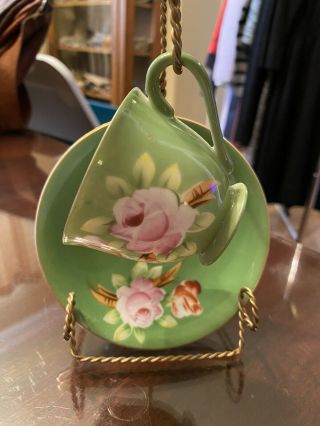 Vintage Small Occupied Japan Demitasse Tea Cup And Saucer Set Bright Green