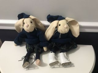 Vintage Ice Skating Bunny Rabbits 14 " Boy & Girl Plush Stuffed Toy