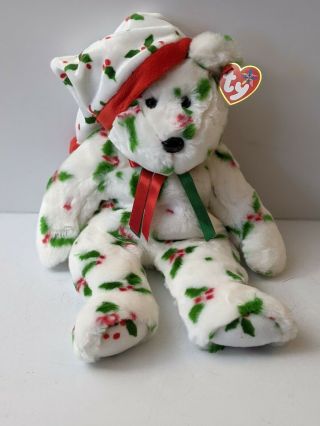Ty Beanie Buddy 1998 Holiday Teddy Large Christmas Bear Santa Hat Mistletoe 14 "