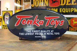 Tonka Toys Dealer Embossed Metal Sign Toy Store Gas Oil Dump Farm Seed Feed 66