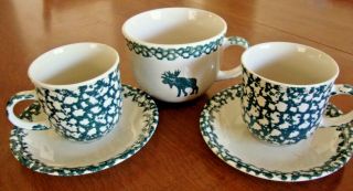 Tienshan Folk Craft Moose Country 3 Cups & 2 Saucers Green Sponge Mugs Plates