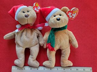2 Ty Beanie Babies Christmas Teddy Bears 1997 - 2003 10th Year Wearingsanta Hats
