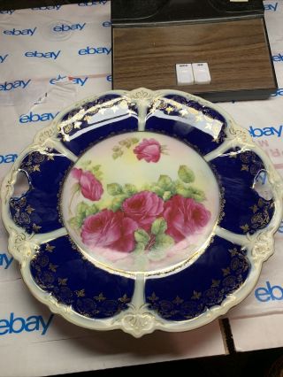 Vintage P T Germany Cobalt Blue Wit Roses Cake Plate