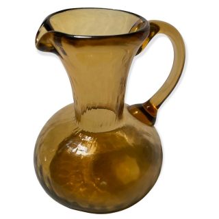 Vintage Small Hand Blown Amber Glass Juice Pitcher 5 1/2” X 5” Applied Handle