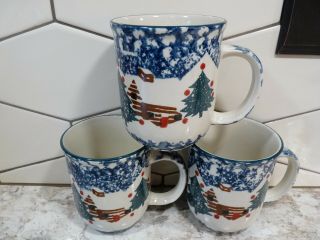 Tienshan Folk Craft Cabin In The Snow Set Of Three (3) Coffee Mugs 4 "