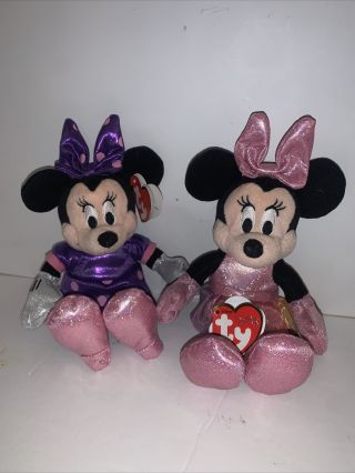 Set Of 2 Ty Beanie Baby 8 " Disney Sparkle Ballerina & Purple Dress Minnie Mouse
